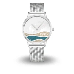 DUR Uhr 36er "Göhren" Strandsand/blauer Steinsand, Mesh Band Edelstahl