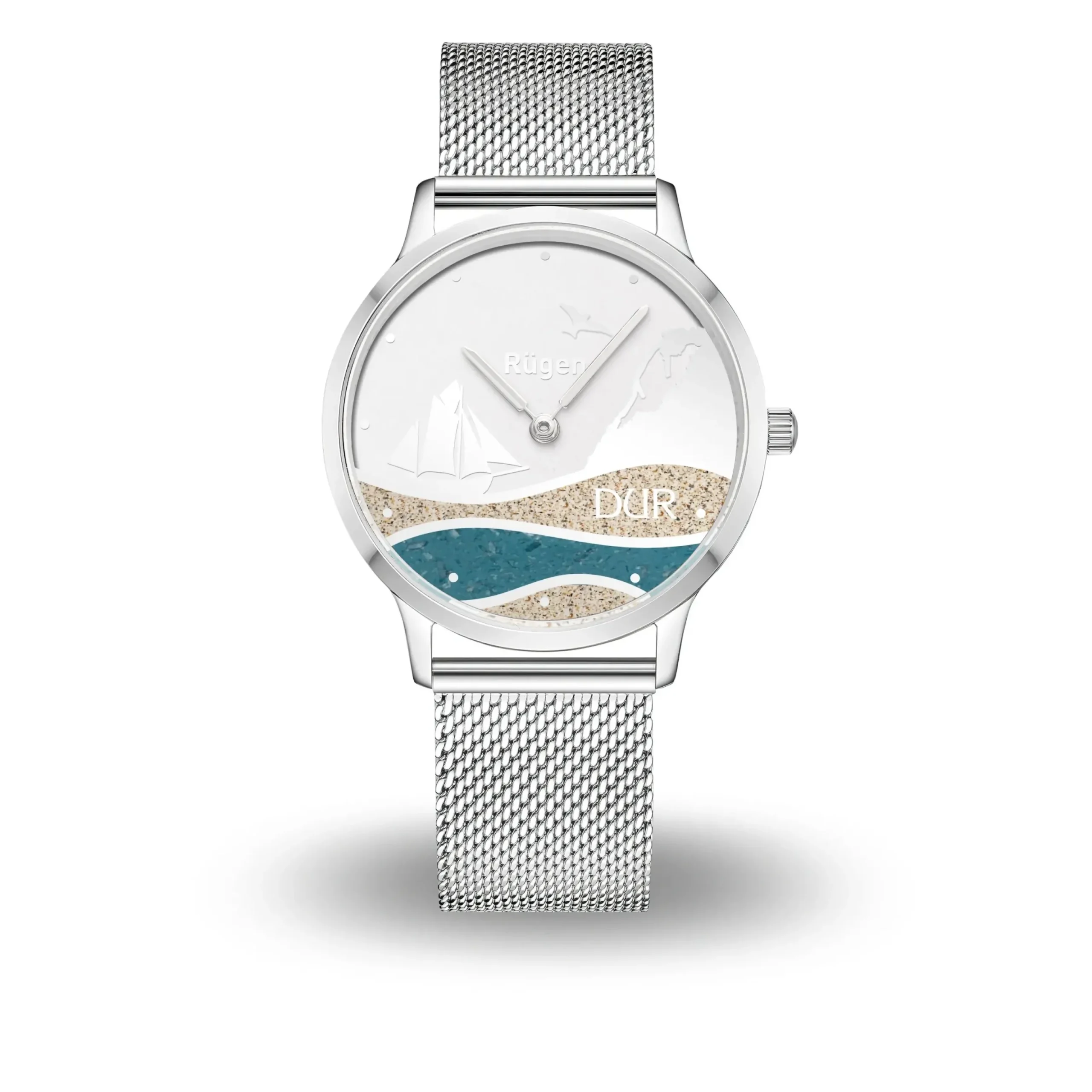 DUR Uhr 36er "Göhren" Strandsand/blauer Steinsand, Mesh Band Edelstahl
