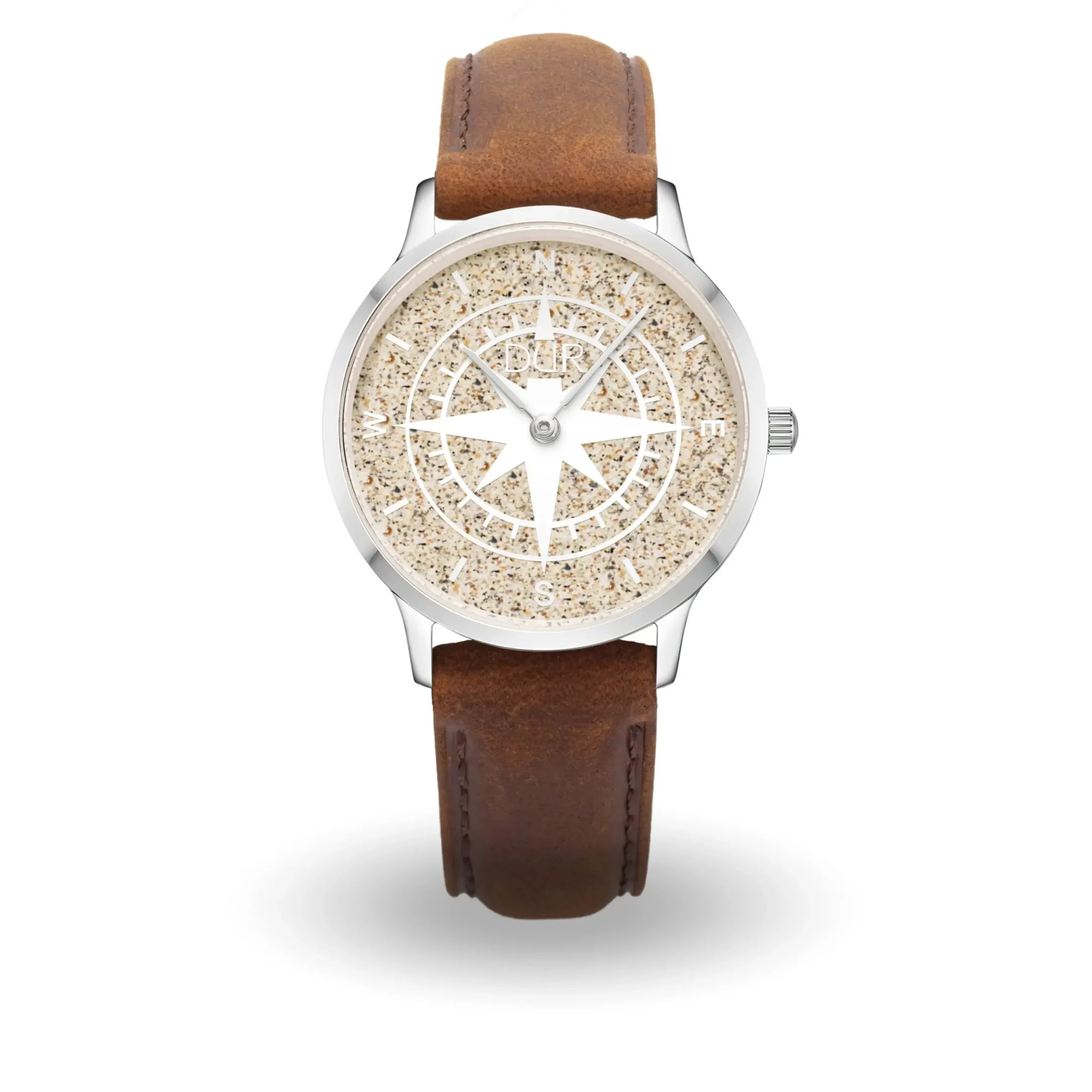 DUR Uhr 40er "Kompass" Strandsand, matt, Lederband braun