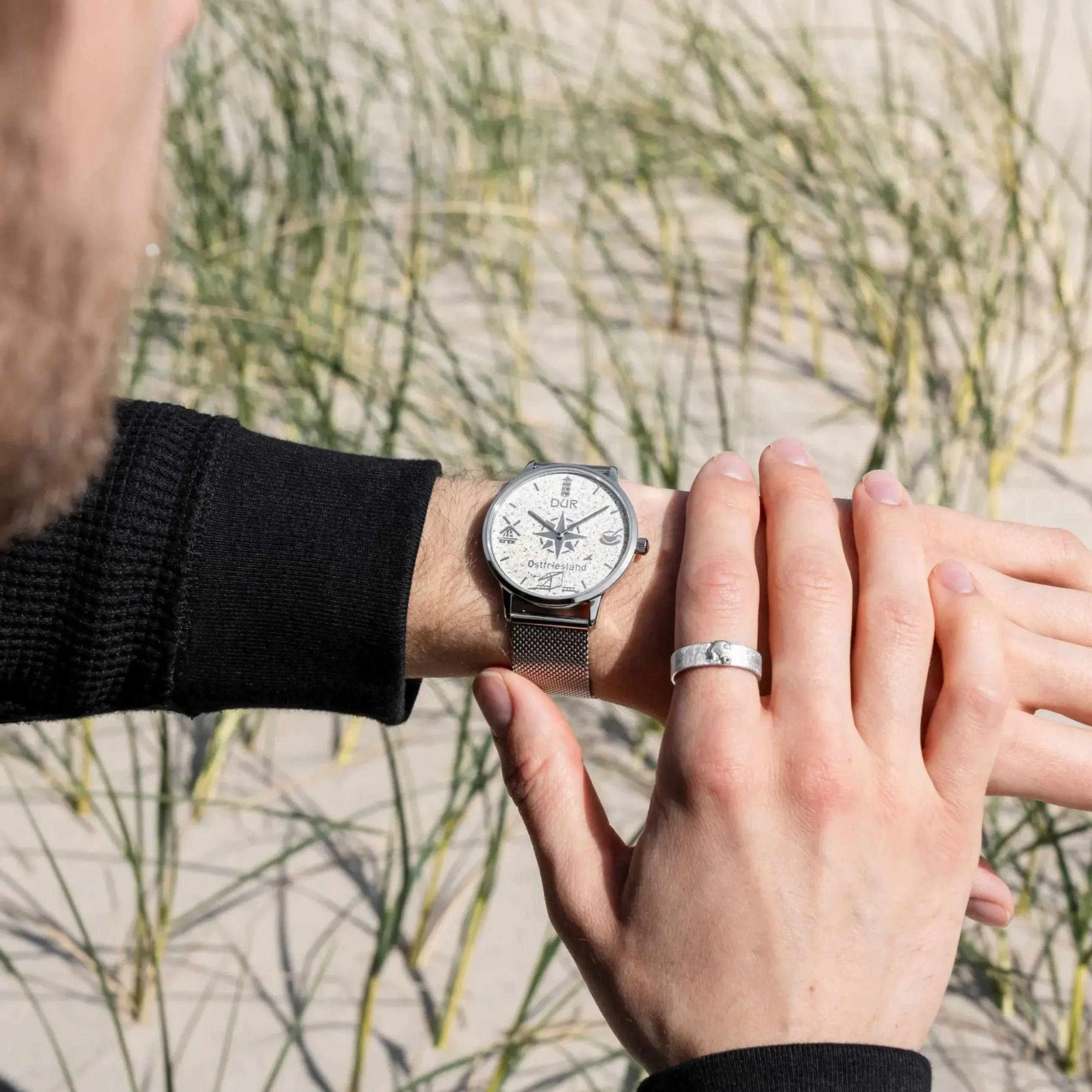 DUR Uhr 40er "Ostfriesland" Strandsand, Mesh Band Edelstahl