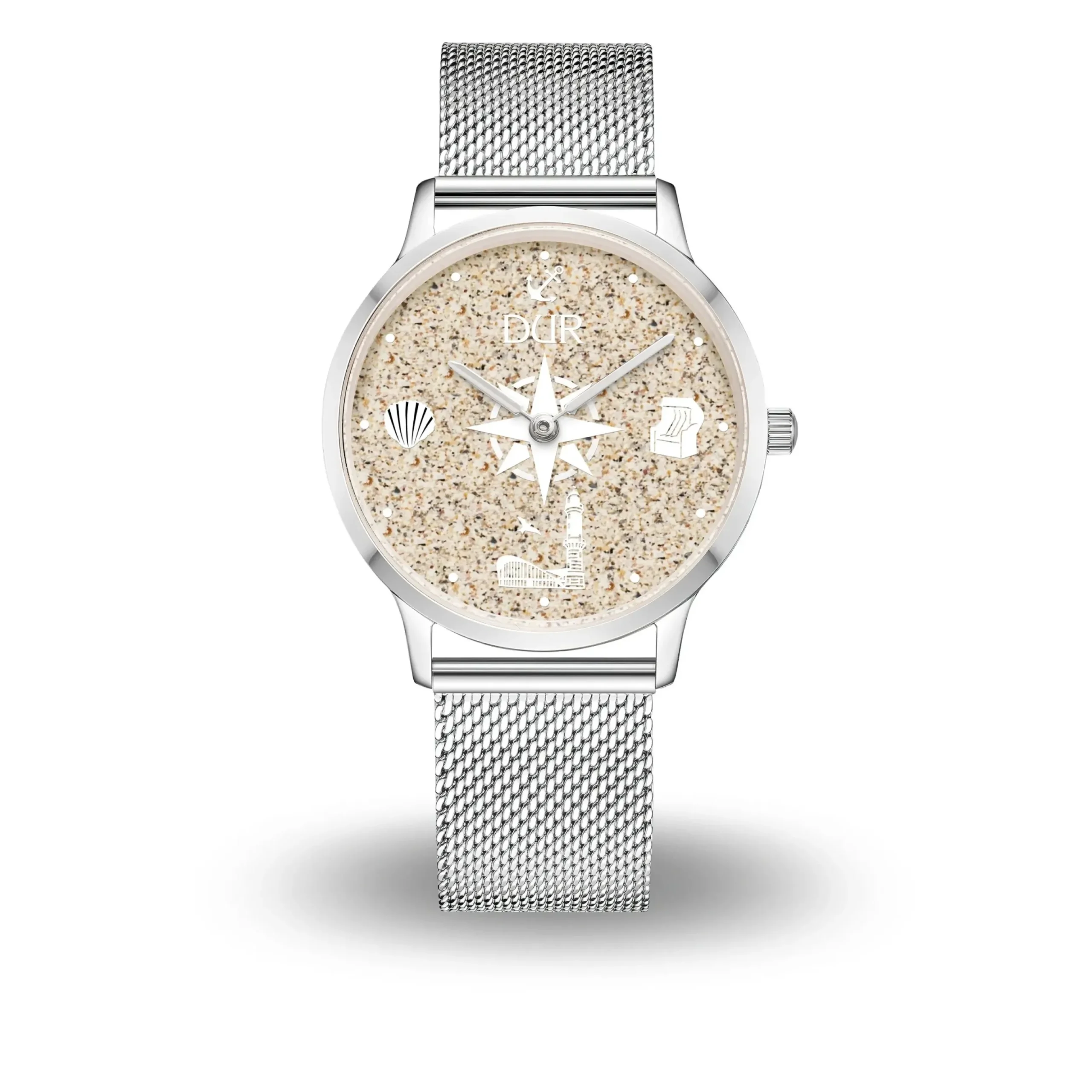 DUR Uhr 40er "Warnemünde" Strandsand, Mesh Band Edelstahl